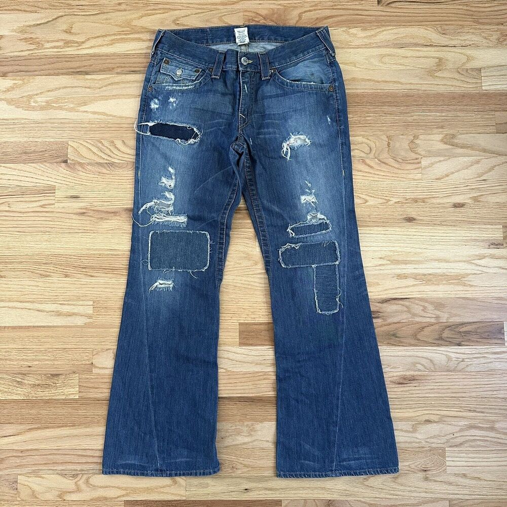 Men's Vintage Y2K True Religion USA Patchwork Distressed Denim Blue Jeans Sz 34